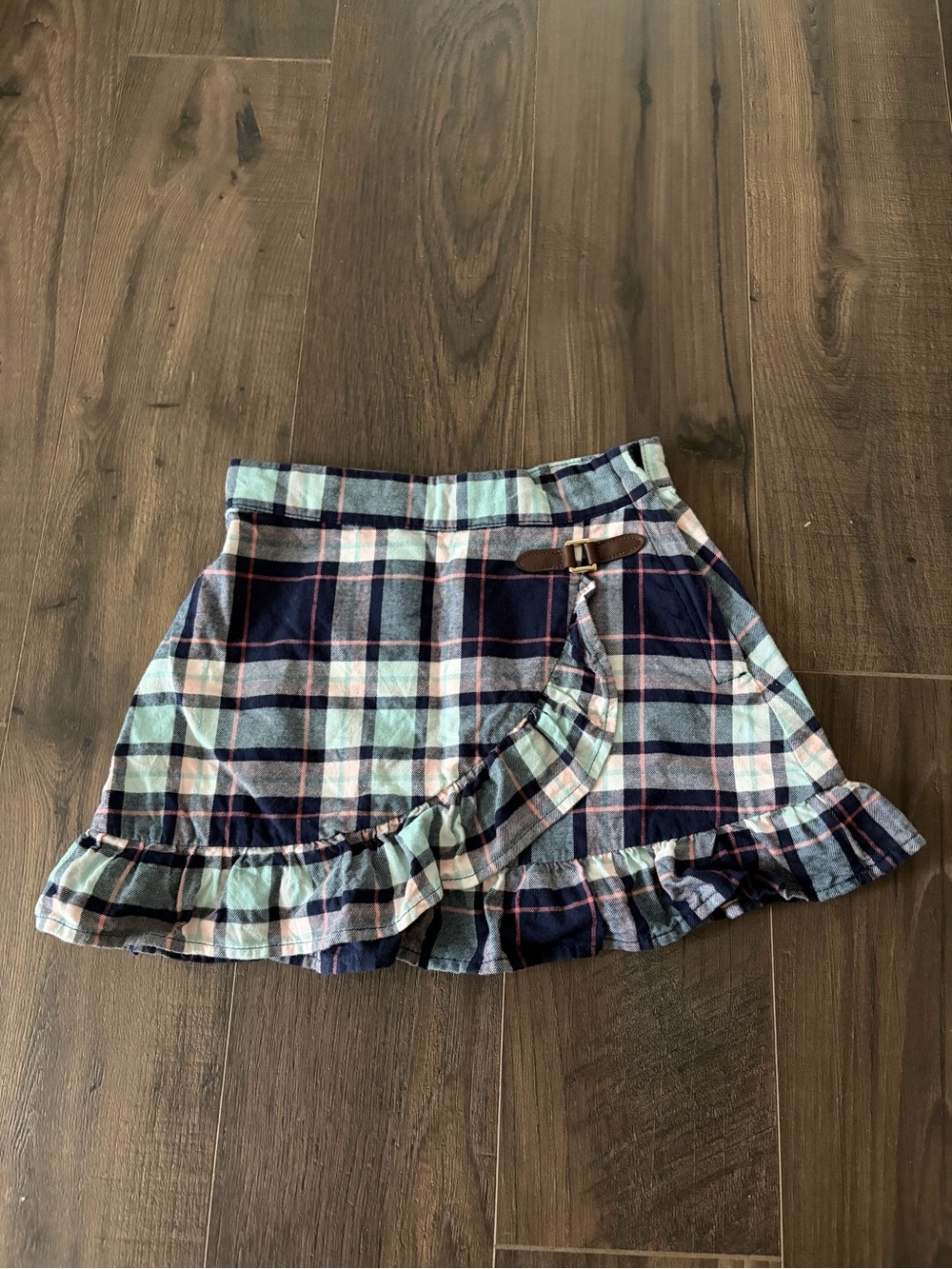 Janie and Jack Navy, Light Blue and Pink Plaid Ruffle Wrap Skirt